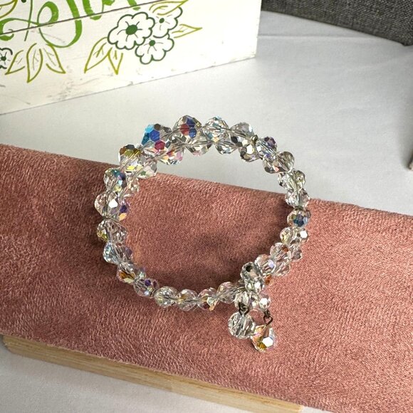 Vintage Aurora Borealis Crystal Beaded Cuff Bracelet W/ Dangle Charms Adjustable - Picture 5 of 8